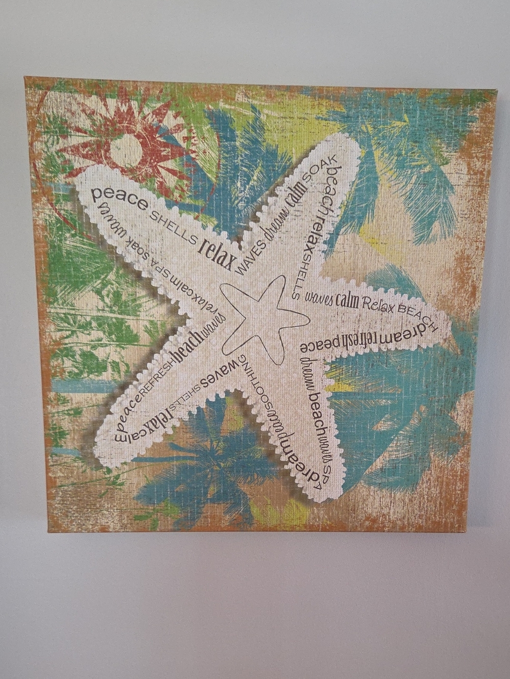 Coastal Starfish Canvas Wall Art White Star on Teal & Multi Colors 15 1/2 Width